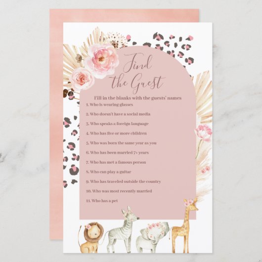 Papier Boho Pampas Herbe Animaux sauvages Trouvez le jeu  (Devant / Derrière)