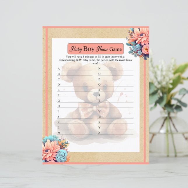 Papier Boho Pink Bear Baby Nom du garçon Jeu (Debout devant)