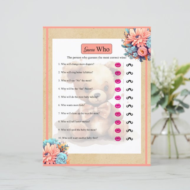 Papier Boho Pink Bear Baby shower Devinez Qui Joue (Debout devant)