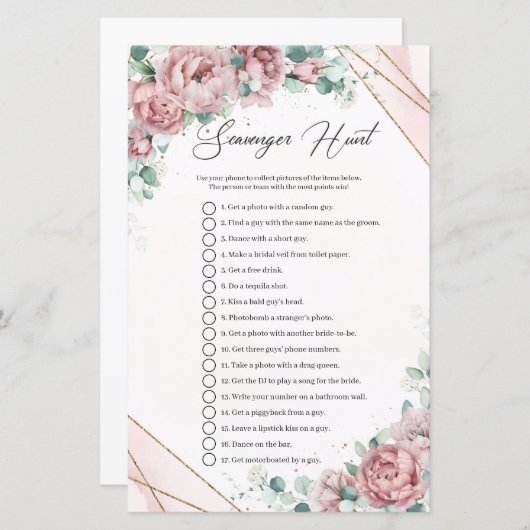 Papier Boho poudre rose roses verdure Scavenger Chasse (Devant / Derrière)