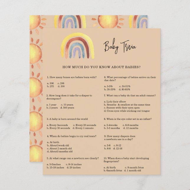 Papier Boho Rainbow Baby Trivia | Jeu Baby shower (Devant / Derrière)