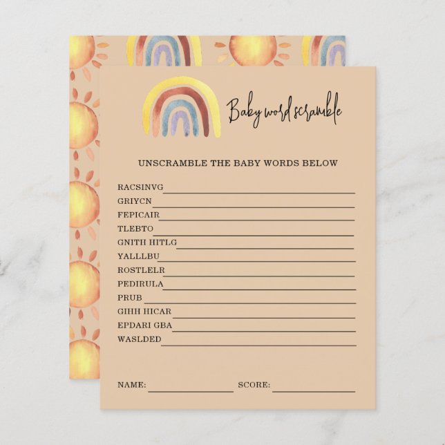 Papier Boho Rainbow Baby Word Scramble | Jeu Baby shower (Devant / Derrière)