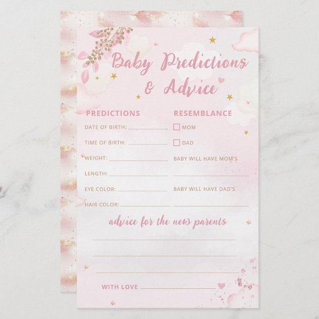 Papier Boho rose Baby shower bébé prédiction et conseil (Devant / Derrière)