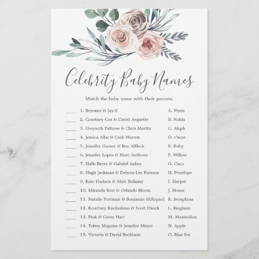 Papier Boho Rose Baby shower Celebrity Baby Names Jeu (Devant)