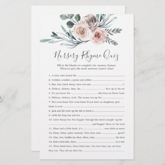 Papier Boho Rose Baby shower Nursery Rhyme Quiz Jeu (Devant / Derrière)