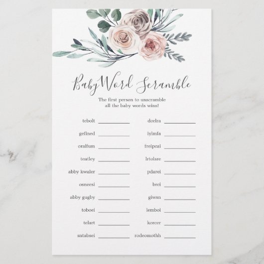 Papier Boho Rose Baby shower Word Scramble Jeu (Devant)