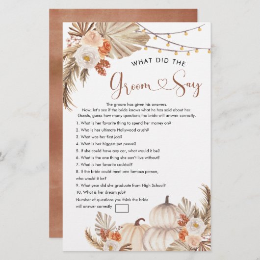 Papier Boho Rustic Citrouille Fall in Love Groom Say Game (Devant / Derrière)