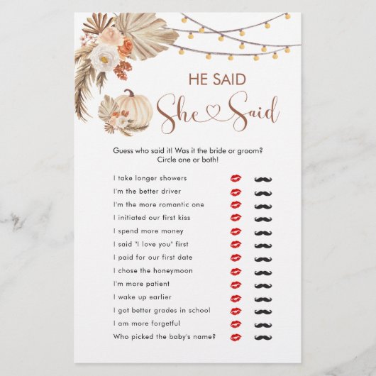 Papier Boho Rustic Citrouille Fall in Love Il Dit Qu'Elle (Devant)