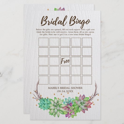 Papier Boho Rustique Floral Succulent Bridal Bingo Jeu (Devant / Derrière)