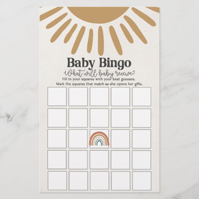 Papier boho soleil bébé bingo, jeu de baby shower (Devant)