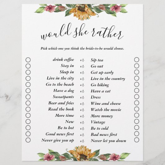 Papier Boho Sunflower Deux côtés Bingo Fêtes des mariées (Devant)