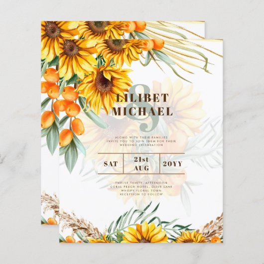 Papier Boho Sunflowers Mariage rustique Inviter Double Cô (Devant / Derrière)