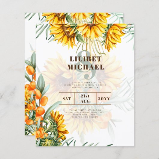 Papier Boho Sunflowers Mariage rustique Inviter Double Cô (Devant / Derrière)