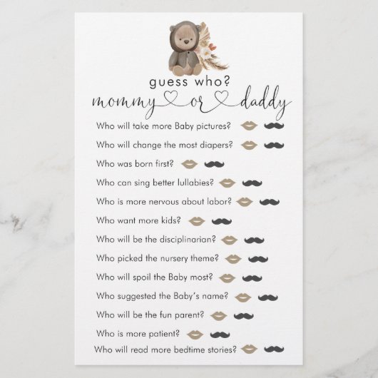 Papier Boho Teddy Bear Baby shower Devinez Qui Joue (Devant)