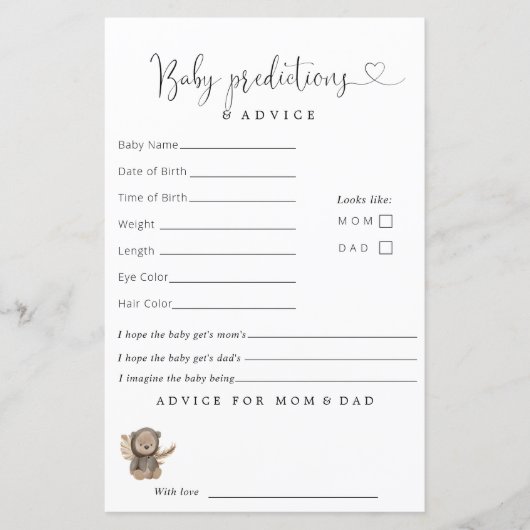 Papier Boho Teddy Bear Baby shower Prédictions Conseils (Devant)