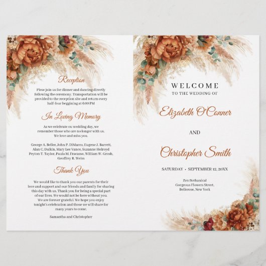 Papier Boho tropical terre cuite cuivre mariage bordeaux (Devant)