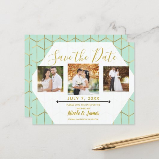 Papier Boho Vert Menthe Hexagone Géométrique Or Save the (Devant/Arrière en situation)