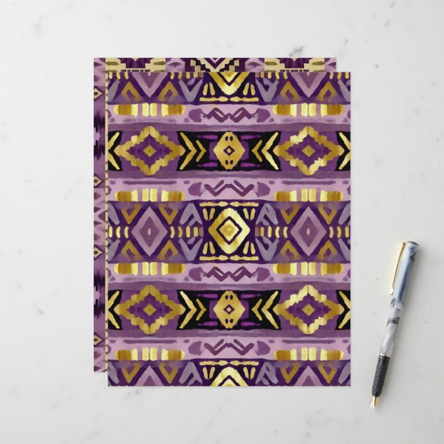 Papier Boho violet et or Motif Aztec Geo Scrapbook (Devant/Arrière en situation)