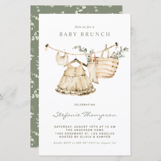 Papier Boho Watercolor Clothesline Baby Brunch Invitation (Devant / Derrière)