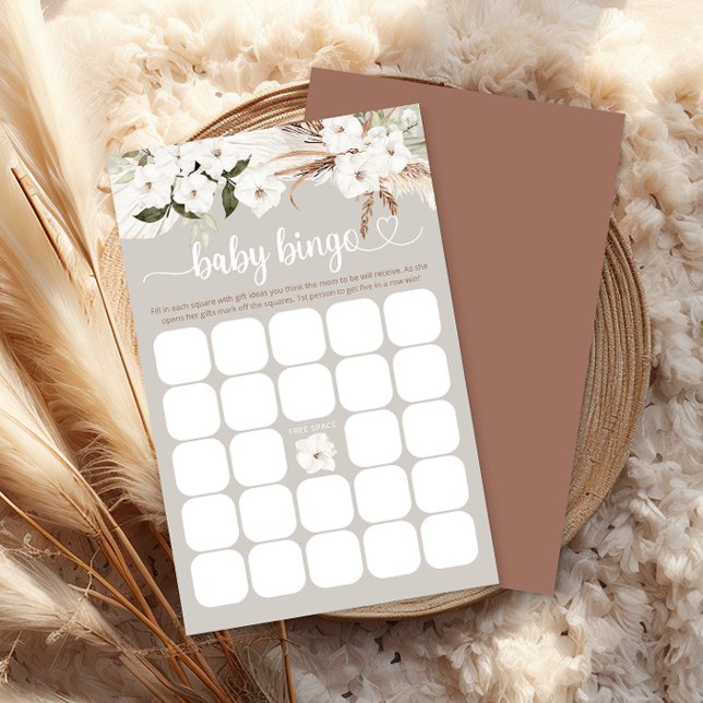 Papier Boho White Floral Baby shower Bingo Game Card (Boho Baby Bingo)
