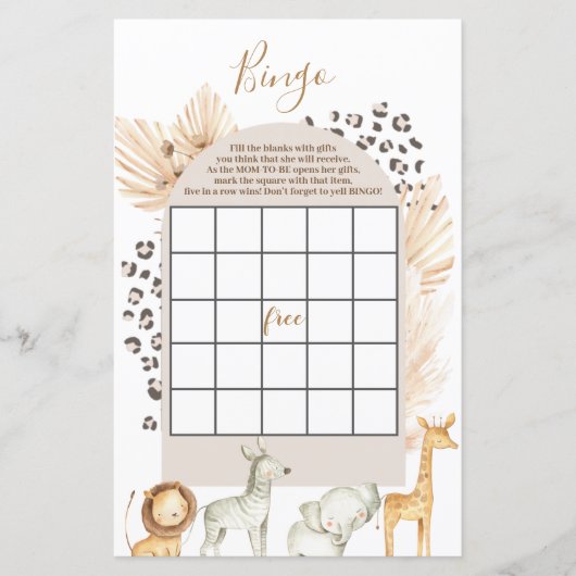 Papier Boho Wild Animaux baby shower Bingo Jeu (Devant)