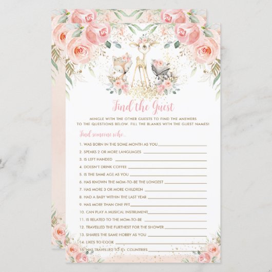 Papier Bois Animal Blush Floral Trouvez le jeu invité (Devant / Derrière)