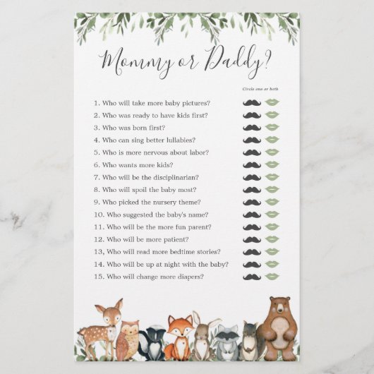 Papier Bois Animaux Baby shower Maman ou Papa Jeu (Devant)