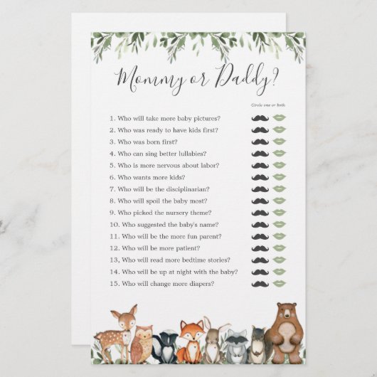 Papier Bois Animaux Baby shower Maman ou Papa Jeu (Devant / Derrière)