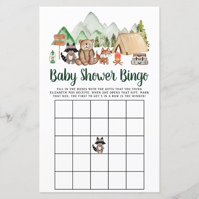 Papier Bois Animaux Camping Baby shower Bingo Jeu (Devant)