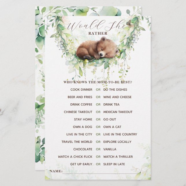 Papier Bois Animaux Forêt Verdure Baby shower Jeu (Devant / Derrière)