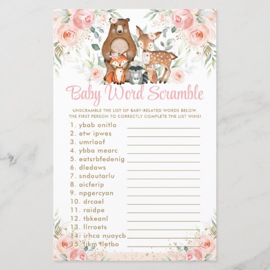 Papier Bois Animaux rose Floral Baby Mot Scramble (Devant)