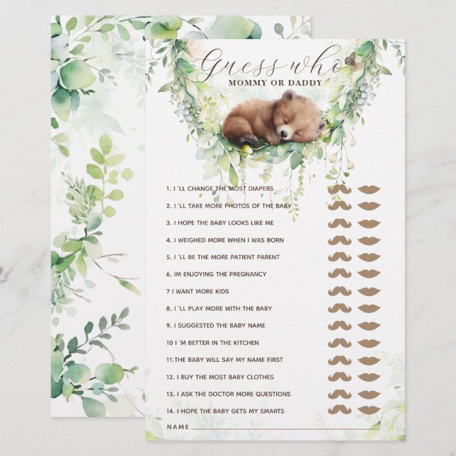 Papier Bois Animaux Végétation Baby shower Guess Game (Devant / Derrière)