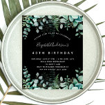 Papier Bois noir eucalyptus d'anniversaire budgétaire<br><div class="desc">Une invitation branchée pour une fête d'anniversaire de 40ème (ou tout autre âge),  enchantée thème de la forêt. Un arrière - plan noir aux fougères et à l'eucalyptus. Le nom est écrit avec un script de style moderne écrit à la main. Personnalisez et ajoutez les détails de votre fête.</div>