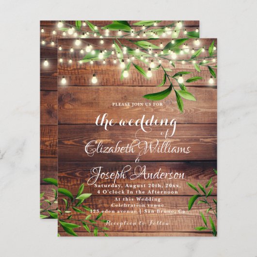 Papier Bois rustique Lumière & Faire-part de mariage vert (Devant / Derrière)