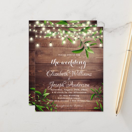 Papier Bois rustique Lumière & Faire-part de mariage vert (Devant/Arrière en situation)