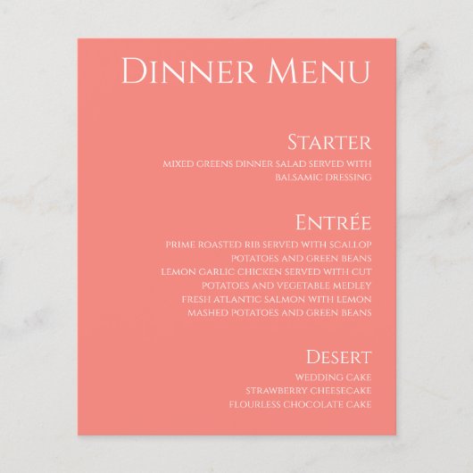 Papier Boisson mariage et dîner Menu-Corail rose- (Devant)