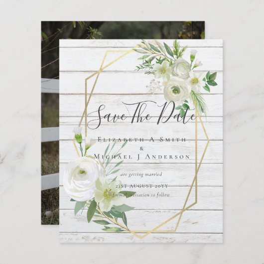 Papier BON MARCHÉ Photo Enregistrer Dates Blanc Floral Fe (Devant / Derrière)