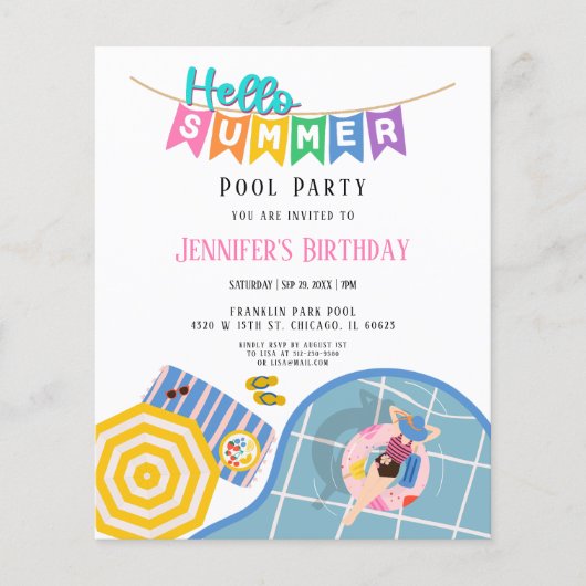 Papier Bonjour Summer Pool Party Anniversaire Budget Invi (Devant)