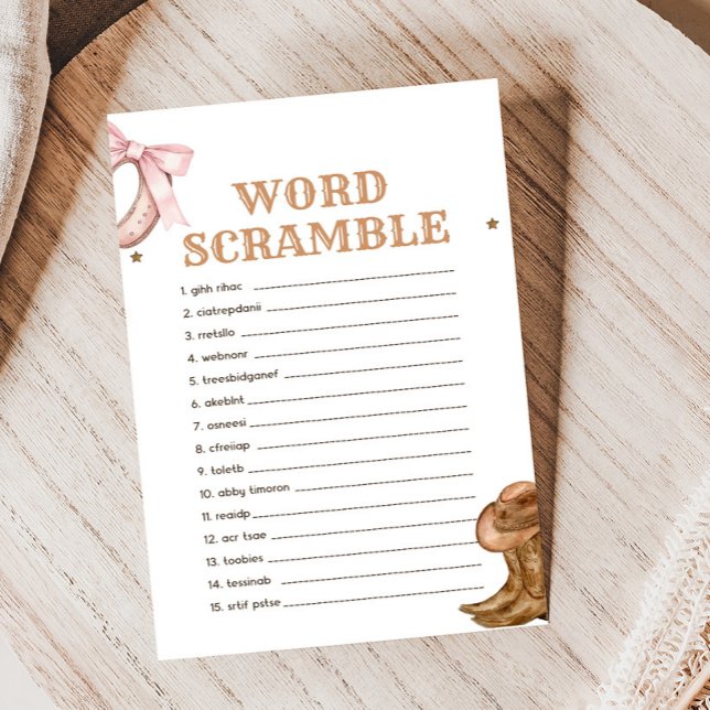 Papier Boots and Bows Gender Reveal Word Scramble Game (Western Boots and Bows Game)