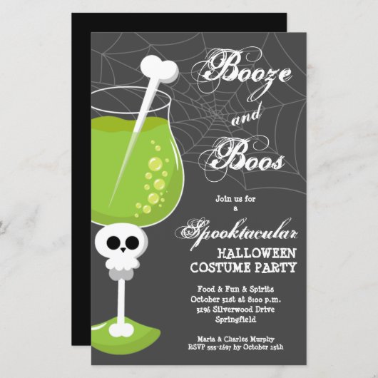 Papier Booze and Boos Skull Budget Halloween Invitations (Devant / Derrière)