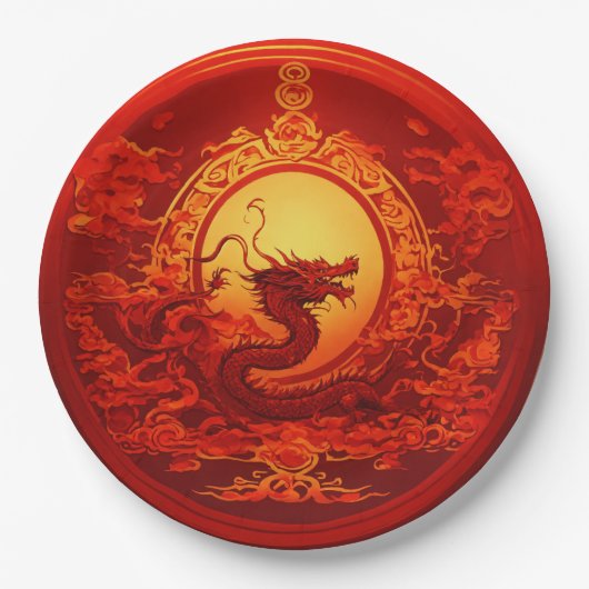 Papier bord rode kleur met draken ontwerp (Voorkant)