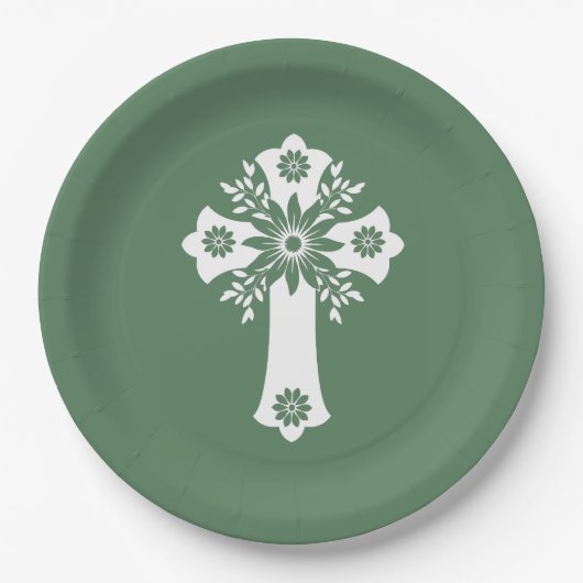 Papier Borden Floral Cross Fern Groen Papieren Bordje (Voorkant)