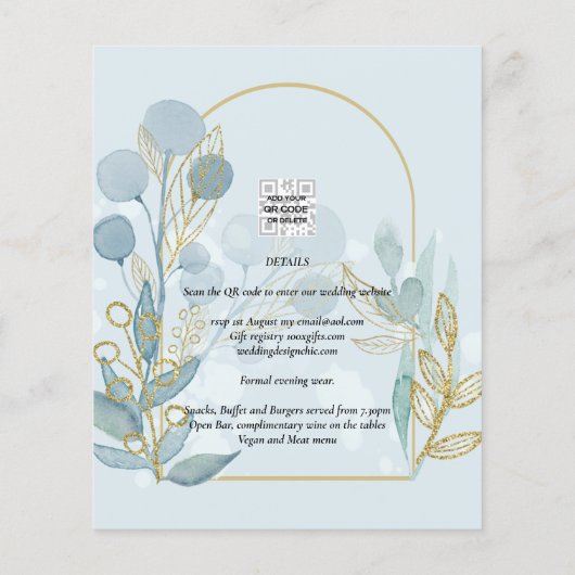 Papier Botanica moderne; Aqua SeaGlass Gold Wedding Invit (Dos)