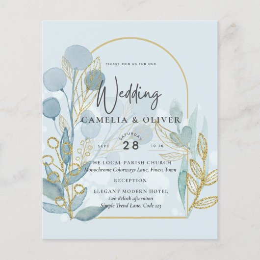 Papier Botanica moderne; Aqua SeaGlass Gold Wedding Invit (Devant)