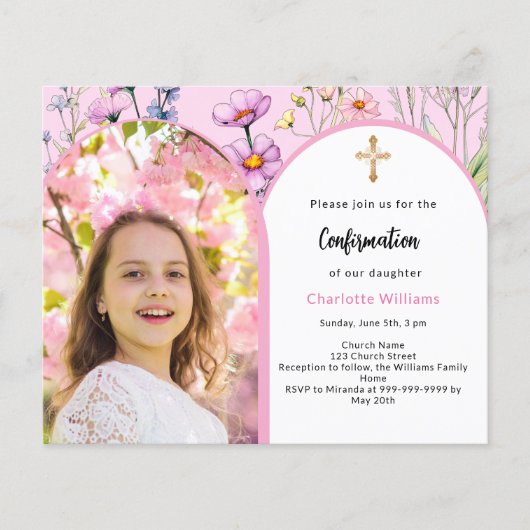 Papier Boucles d'arc rose photo Invitation de confirmatio (Devant)