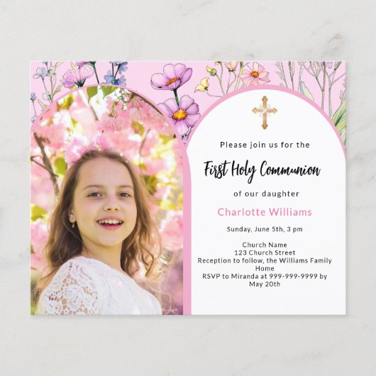 Papier Boucles d'arc rose Première communion invitation (Devant)