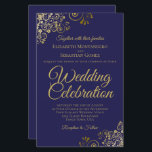 Papier Boucles d'or sur le Faire-part de mariage BUDGET d<br><div class="desc">Ces belles invitations de mariage sont abordables et abordables, ce qui en fait le choix parfait pour la classe, le style et la beauté sur un budget. Le design est composé d'un arrière - plan bleu marine avec des boucles et des tourbillons en faux feuille dorés ornés dans les coins....</div>