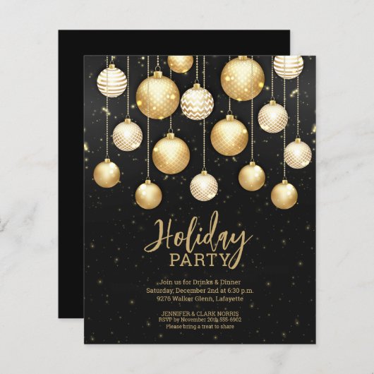 Papier Boules de Noël Budget Gold Invitations Noires (Devant / Derrière)