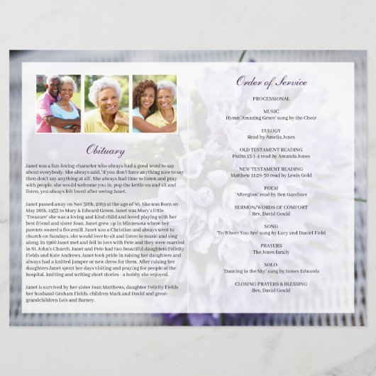 Papier Bouquet pourpre dans Love Memory Funeral Program (Dos)