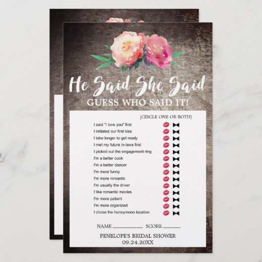 Papier Bouquet Rustique Fleur "Il A Dit Qu'Elle A Dit" Je (Devant / Derrière)